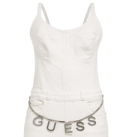 GUESS Skinny Denim Jumpsuit Logo Stones Belt Zip Back Bustier One Piece WHT S/P - Picture 6 of 8